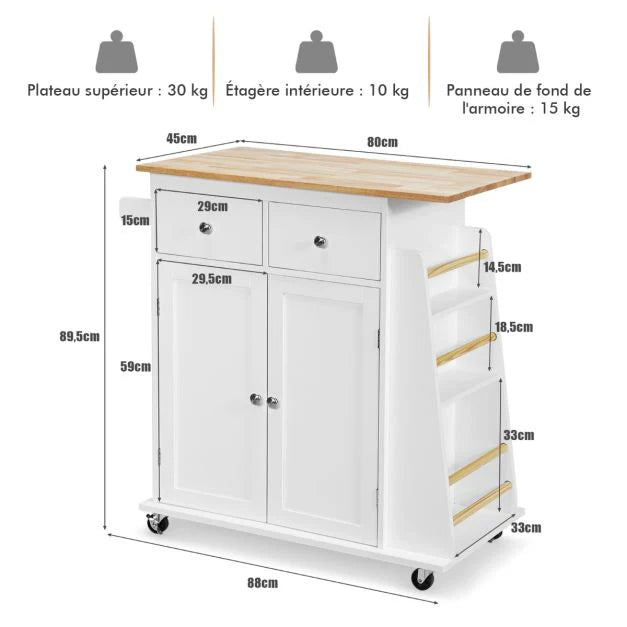 Desserte de Cuisine sur Roulettes avec Plateau en Bois d'Hévéa