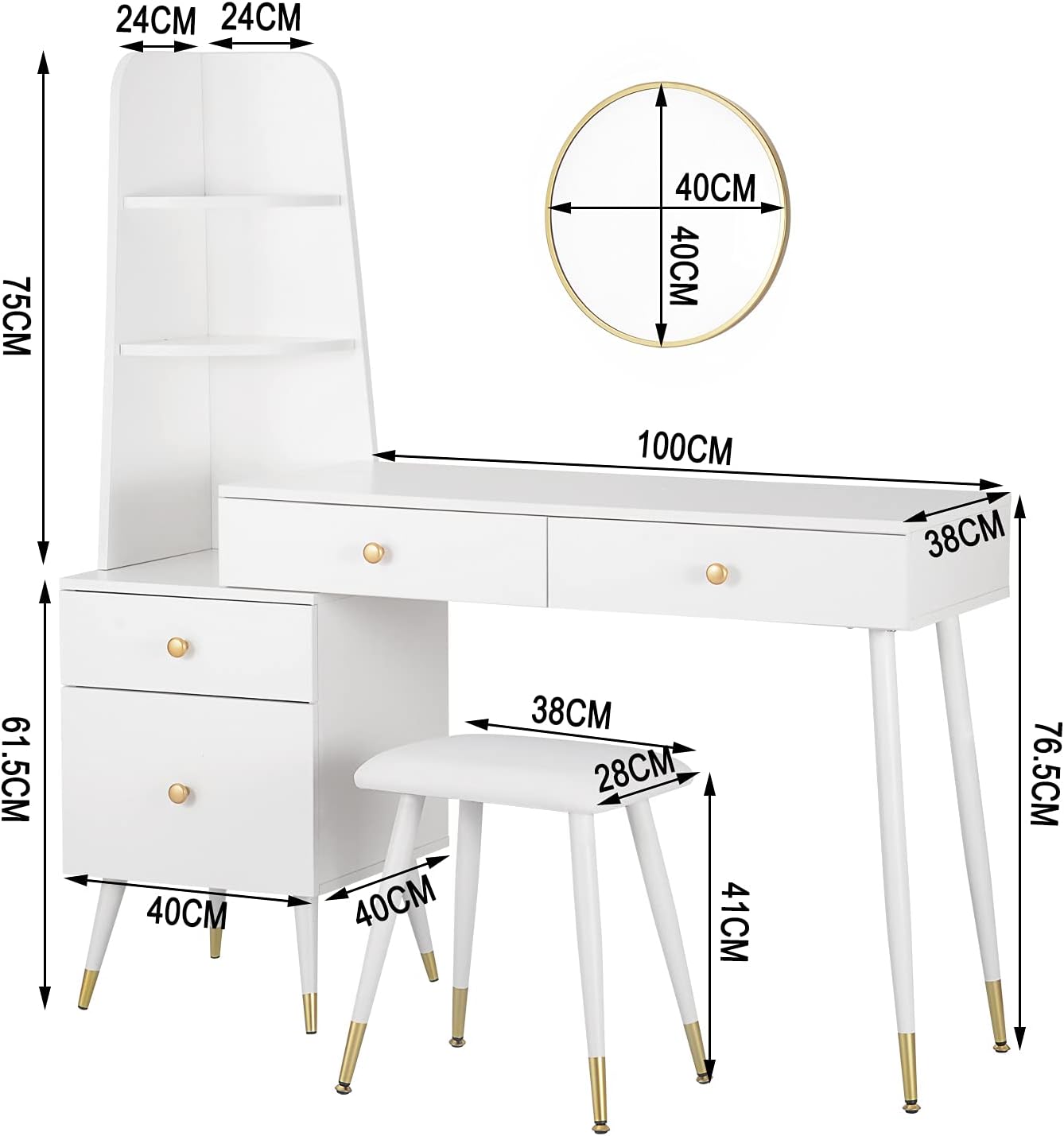 Coiffeuse avec Tabouret Miroir Commode - 4 Tiroirs