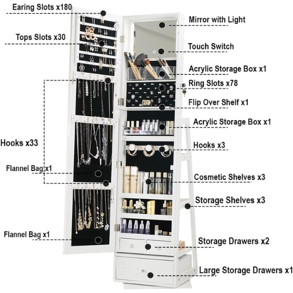 Armoire à bijoux pivotante verrouillable avec miroir - gris clair