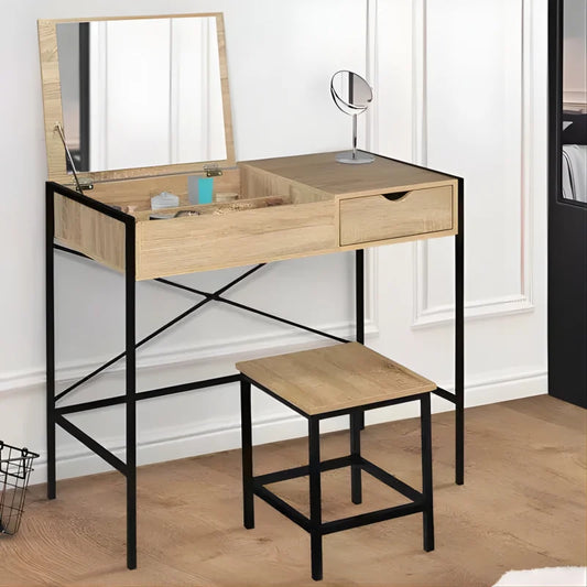 Coiffeuse Miroir Rabattable avec Tabouret Design Industriel