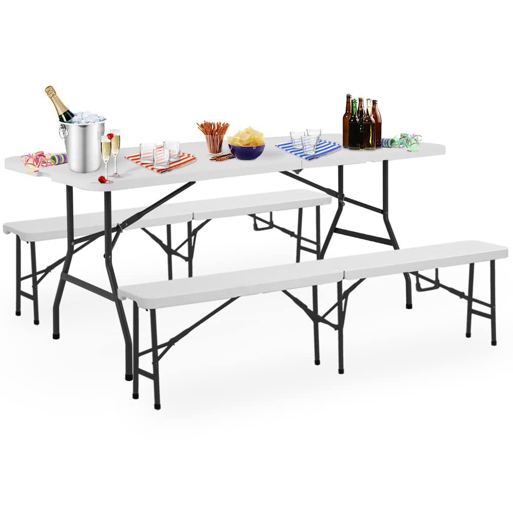 Table pliante et bancs blancs en plastique durable - 183 cm