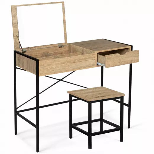 Coiffeuse Miroir Rabattable avec Tabouret Design Industriel