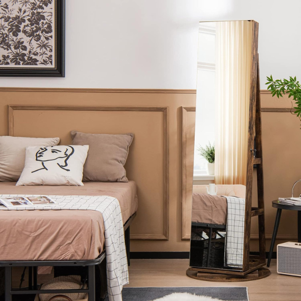 Armoire à bijoux pivotante à 360°verrouillable, avec miroir intérieur, étagères de rangement à l'arrière, Marron Rustique