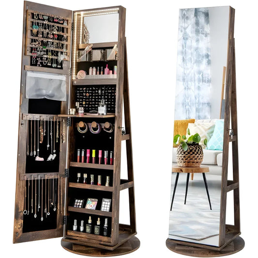 Armoire à bijoux pivotante à 360°verrouillable, avec miroir intérieur, étagères de rangement à l'arrière, Marron Rustique