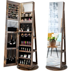 Armoire à bijoux pivotante à 360°verrouillable, avec miroir intérieur, étagères de rangement à l'arrière, Marron Rustique