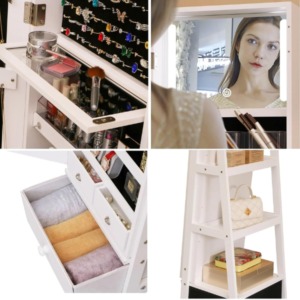 Armoire à bijoux pivotante verrouillable avec miroir - gris clair