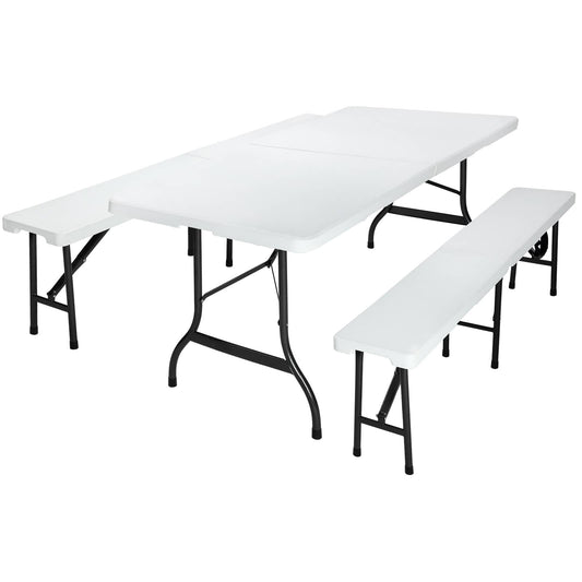 Table pliante et bancs blancs en plastique durable - 183 cm