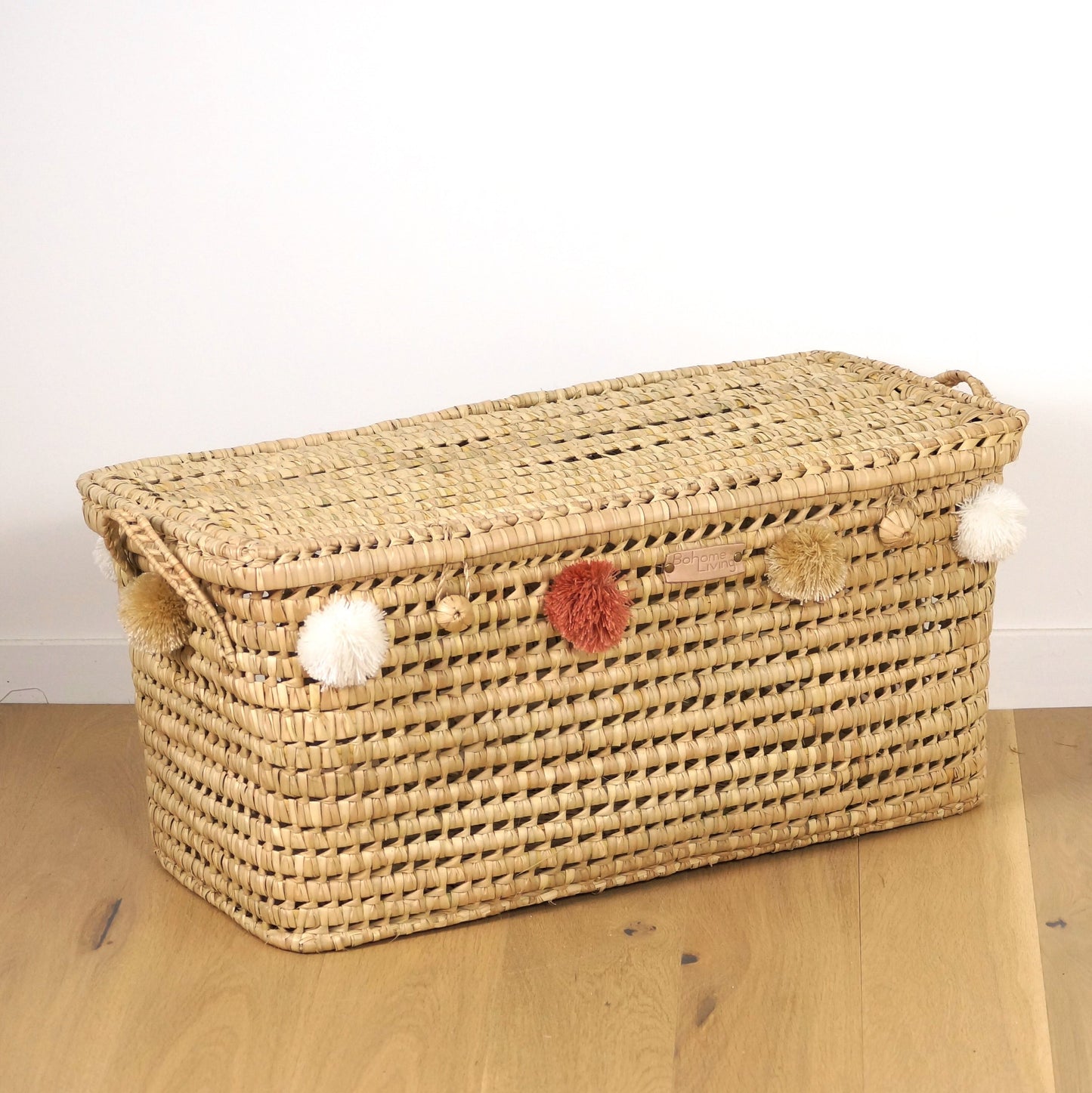 Malle de Rangement en Feuilles de Palmier 80cm avec Pompons