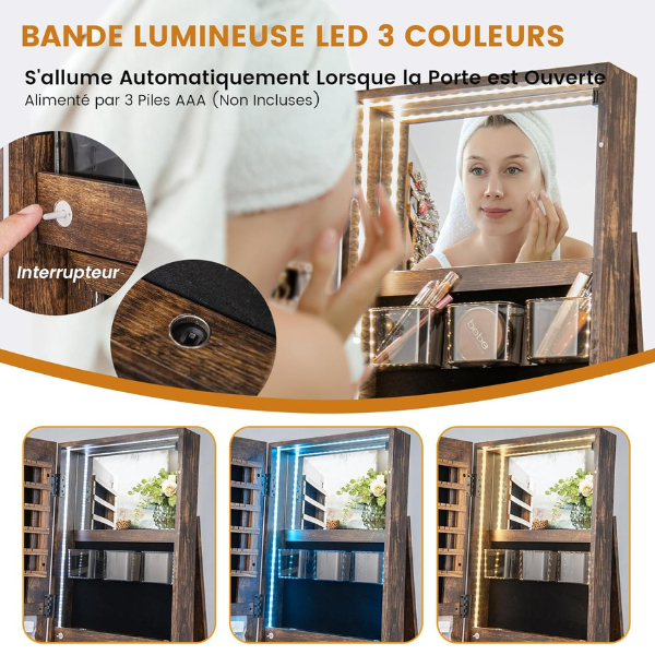 Armoire à bijoux pivotante à 360°verrouillable, avec miroir intérieur, étagères de rangement à l'arrière, Marron Rustique