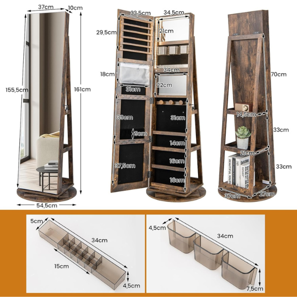 Armoire à bijoux pivotante à 360°verrouillable, avec miroir intérieur, étagères de rangement à l'arrière, Marron Rustique