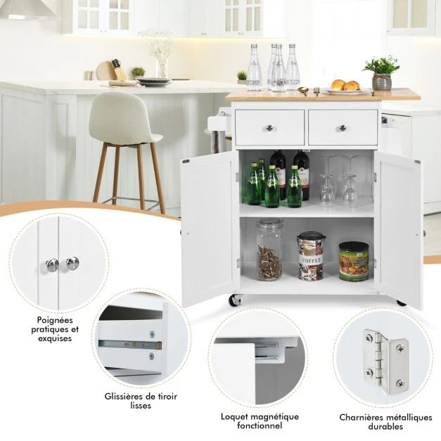 Desserte de Cuisine sur Roulettes avec Plateau en Bois d'Hévéa