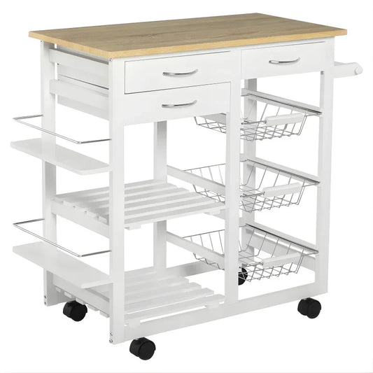 Desserte Chariot Cuisine Multi-Rangements - Chêne Clair & Pin Blanc