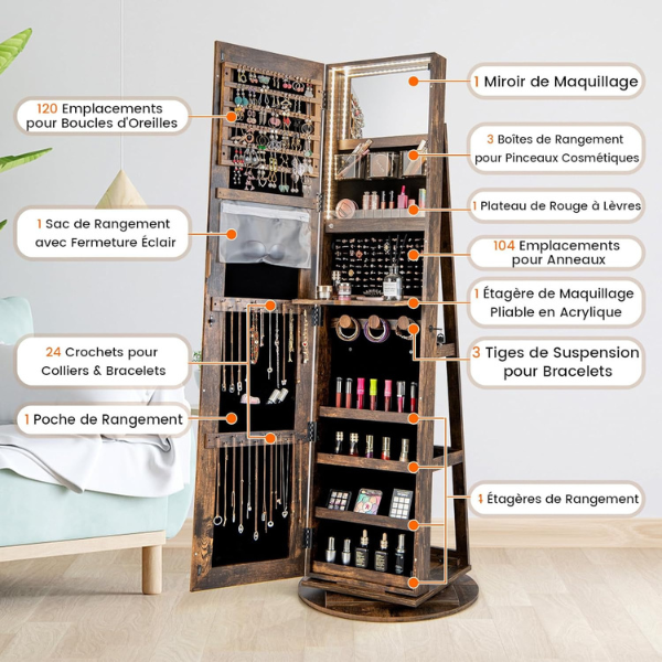 Armoire à bijoux pivotante à 360°verrouillable, avec miroir intérieur, étagères de rangement à l'arrière, Marron Rustique